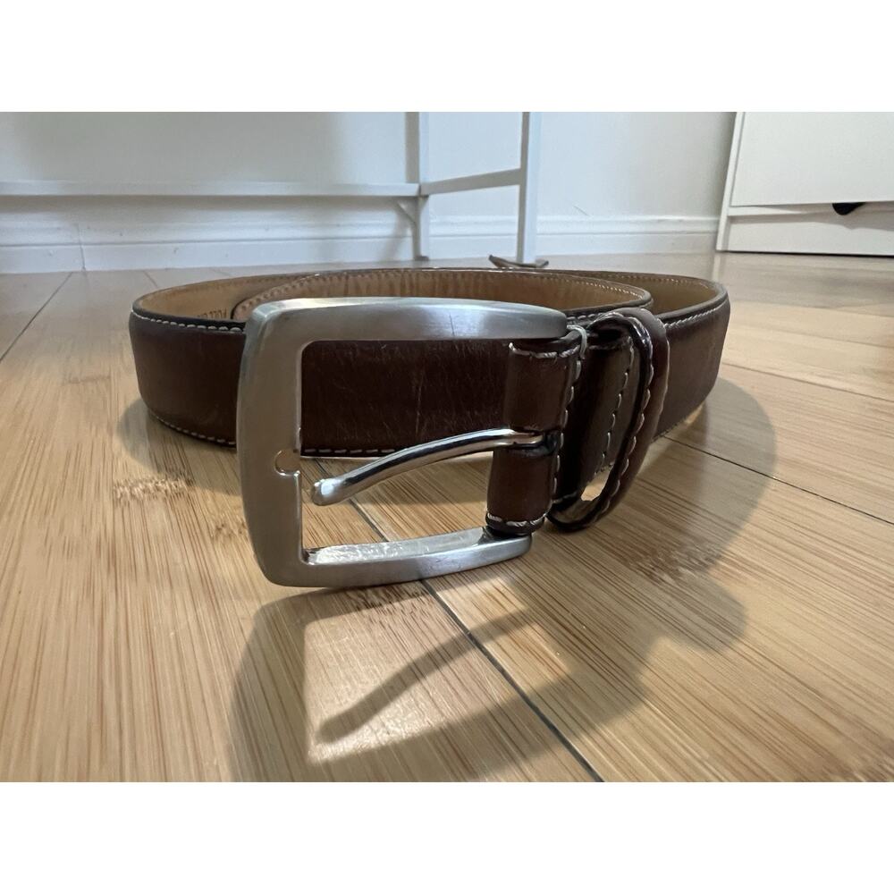 Kirkland Signature Brown Italian Full Grain Leather Belt Sz 34 Silver Tone Buck